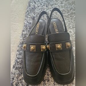Chelsea & Violet Black Loafers with Gold Accents